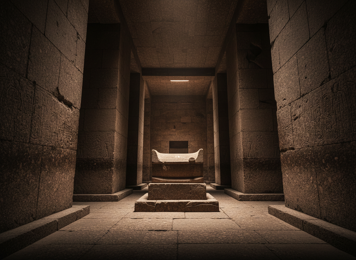 Dramatic wide cinematic photograph of the interior of an Egyptian pyramid — massive polished granite blocks and a stone sarcophagus, deep warm lighting casting long shadows across the stone surfaces. The granite texture is sharp and detailed — dark, crystalline, ancient. Moody and awe-inspiring. No people, no text. Ultra-realistic, high contrast.